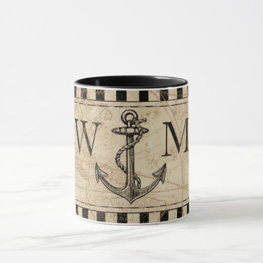 Oude Wereldkaart Nautical Anchor Monogram Mok (Midden)