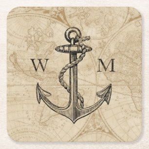 Oude Wereldkaart Nautical Anchor Monogram Vierkante Kartonnen Onderzetter
