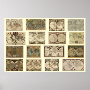 Oude Wereldkaarten - 16 kaarten uit de loop der ee Poster
