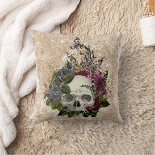 Oude Wereldoornroze Floral Skull op Gold Kussen
