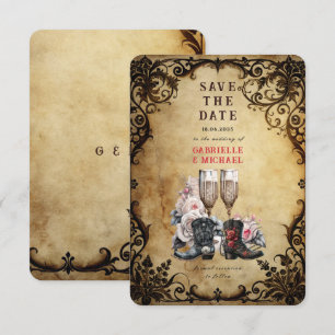 Oude western gotische cowboylaarzen & champagne save the date