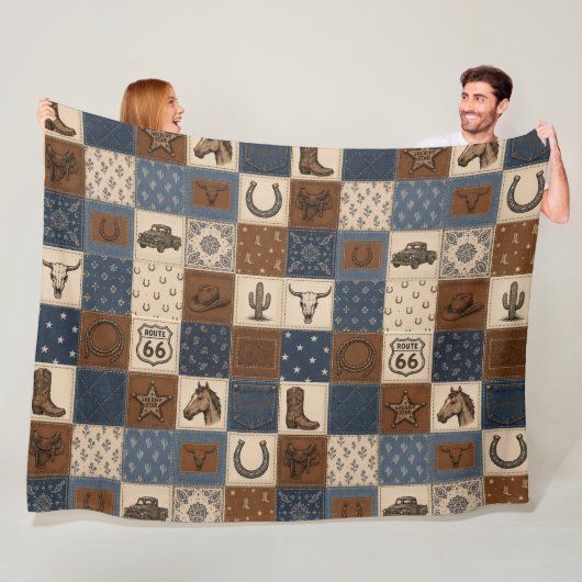 Oude Western Patchwork Dekbedpatroon Fleece Deken (In situ)