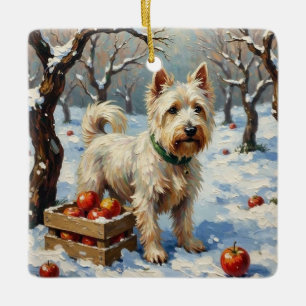 Oude Westie in Besneeuwde Winterboomgaard Kerstmis Keramisch Ornament