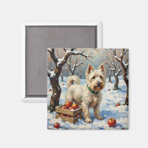 Oude Westie in Besneeuwde Winterboomgaard Kerstmis Magneet
