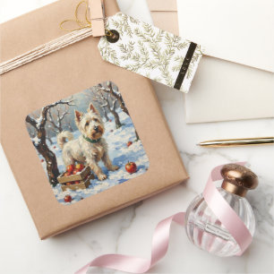 Oude Westie in Besneeuwde Winterboomgaard Kerstmis Vierkante Sticker