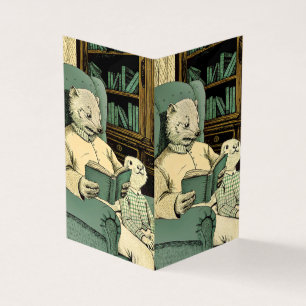 Oude wezel die een boek voorleest aan een jonge we kaart