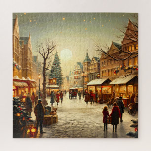 Oude winter sneeuw Kerstmarkt stad Legpuzzel