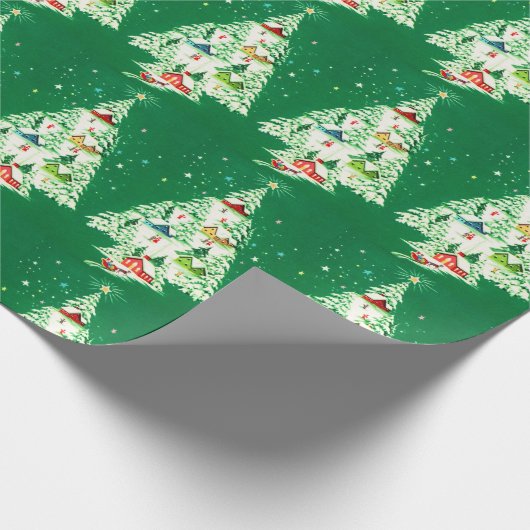 Oude witte kerstbomen landelijk dorp cadeaupapier (Hoek)