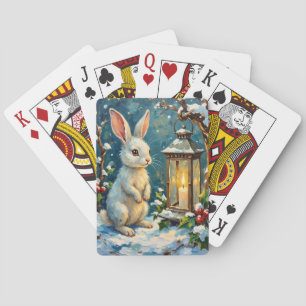 Oude witte konijn met kerstlantern pokerkaarten