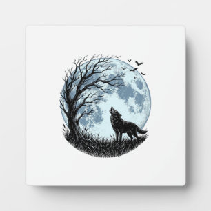 Oude Wolf Huilende Maan Boom Silhouet Ontwerp_1 Fotoplaat