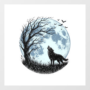 Oude Wolf Huilende Maan Boom Silhouet Ontwerp_1 Raamsticker