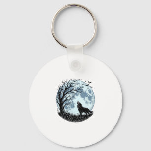 Oude Wolf Huilende Maan Boom Silhouet Ontwerp_1 Sleutelhanger