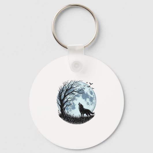 Oude Wolf Huilende Maan Boom Silhouet Ontwerp_1 Sleutelhanger (Voorkant)