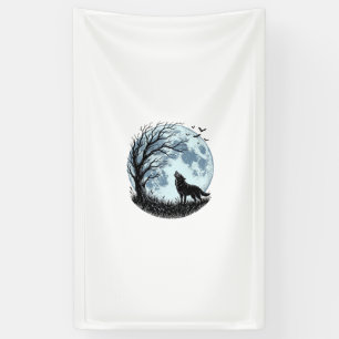 Oude Wolf Huilende Maan Boom Silhouet Ontwerp_1 Spandoek
