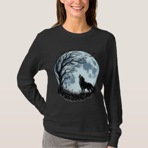 Oude Wolf Huilende Maan Boom Silhouet Ontwerp_1 T-shirt