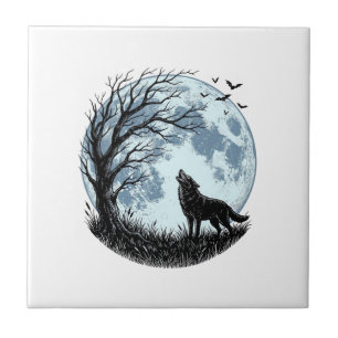 Oude Wolf Huilende Maan Boom Silhouet Ontwerp_1 Tegeltje