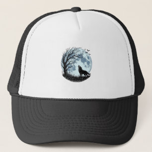 Oude Wolf Huilende Maan Boom Silhouet Ontwerp_1 Trucker Pet