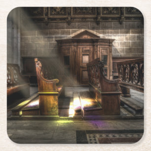 Oude Wooden Church Bench met Kneeler Vierkante Kartonnen Onderzetter