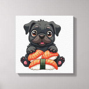 Oude Zachte Zwarte Pug Sushi Cartoon Vector Illust Canvas Afdruk