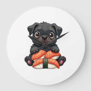 Oude Zachte Zwarte Pug Sushi Cartoon Vector Illust Grote Klok