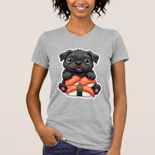 Oude Zachte Zwarte Pug Sushi Cartoon Vector Illust T-shirt (Voorkant)
