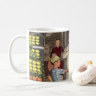 Oude Zakelijke Fruitkraam met Kruidenier en Jongen Koffiemok