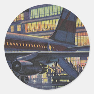 Oude zakelijke passagiers op vliegtuig op luchthav ronde sticker
