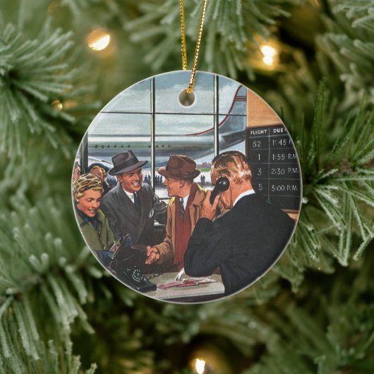 Oude zakelijke scène, mensen bij de ticketbalie va keramisch ornament (Boom)