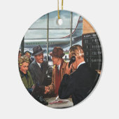 Oude zakelijke scène, mensen bij de ticketbalie va keramisch ornament (Links)