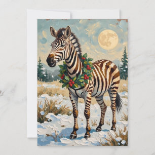 Oude zebra in besneeuwd kerstveld feestdagenkaart