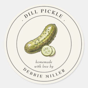 Oude zelfgemaakte dille-pickles inmaakpot ronde sticker