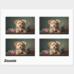 Oude Zoete Puppy Yorkshire Terrier Roze Portret Rechthoekige Sticker