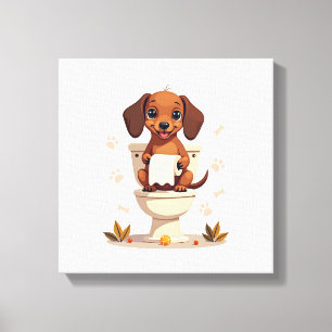 Oude zoete takshond op toilet cartoon badkamer canvas afdruk