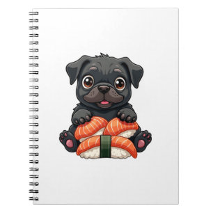 Oude Zoete Zwarte Pug Sushi Cartoon Vector Illustr Notitieboek