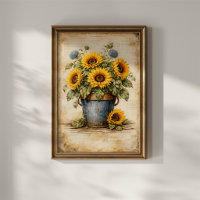 Oude zonnebloemen in roestige emmer