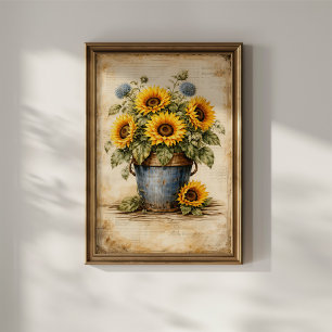 Oude zonnebloemen in roestige emmer poster