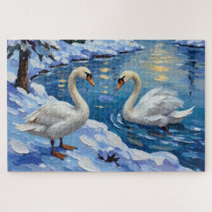 Oude zwanen op een wintermeer Kerstschilderij Legpuzzel