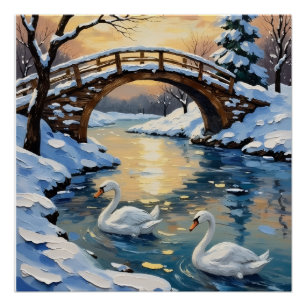 Oude zwanenfamilie onder besneeuwde brug schilderi perfect poster
