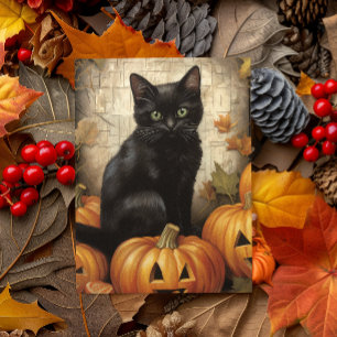 Oude Zwarte Kat Pompoen Decoupage Briefkaart