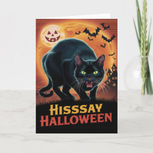 Oude Zwarte Kat Zijn Sissende Halloween Feestdagen Kaart