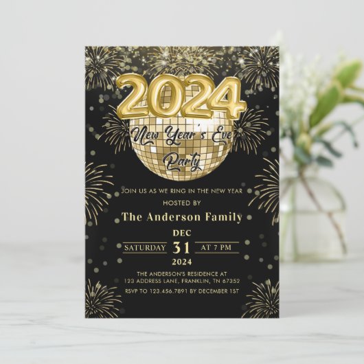 Oudejaarsavond 2024 Gold Glitter Disco Ball Kaart (Staand voorkant)