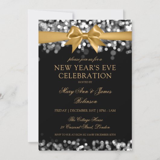 Oudejaarsavond Goud Zilver Shimmer Lights Bow Kaart (Voorkant)
