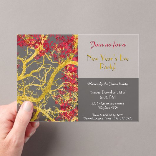 Oudejaarsavond gouden boom rode bladeren acryl uitnodigingen (Insitu (Draagbaar))