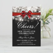 Oudejaarsavond Party Silver Sparkle Lights Red Bow Kaart (Staand voorkant)