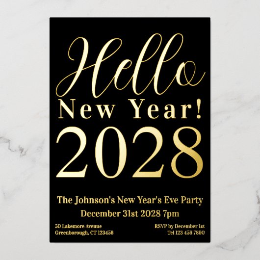 Oudejaarsavond Party Zwart Echt Goud Folie Uitnodiging (Voorkant)