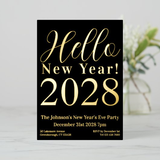 Oudejaarsavond Party Zwart Echt Goud Folie Uitnodiging (Staand Voorkant)