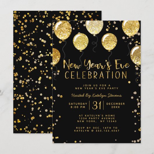 Oudejaarsfeest Black & Gold Balloon Confetti Kaart (Voorkant / Achterkant)