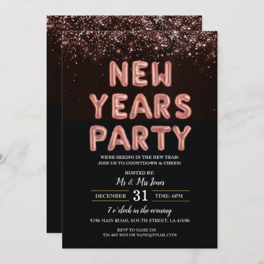 Oudejaarsfeest Black Roos Gold Invitation Kaart (Voorkant / Achterkant)