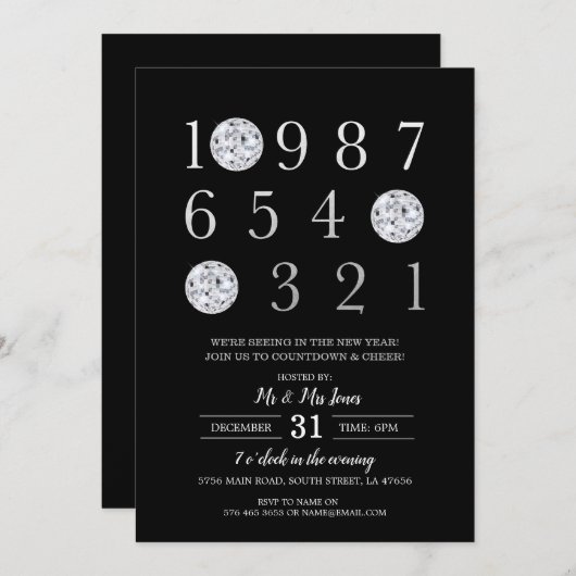 Oudejaarsfeest Black Silver Disco Ball Kaart (Voorkant / Achterkant)