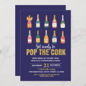 Oudejaarsfeest Champagne Bottle Pop Navy Kaart (Voorkant / Achterkant)